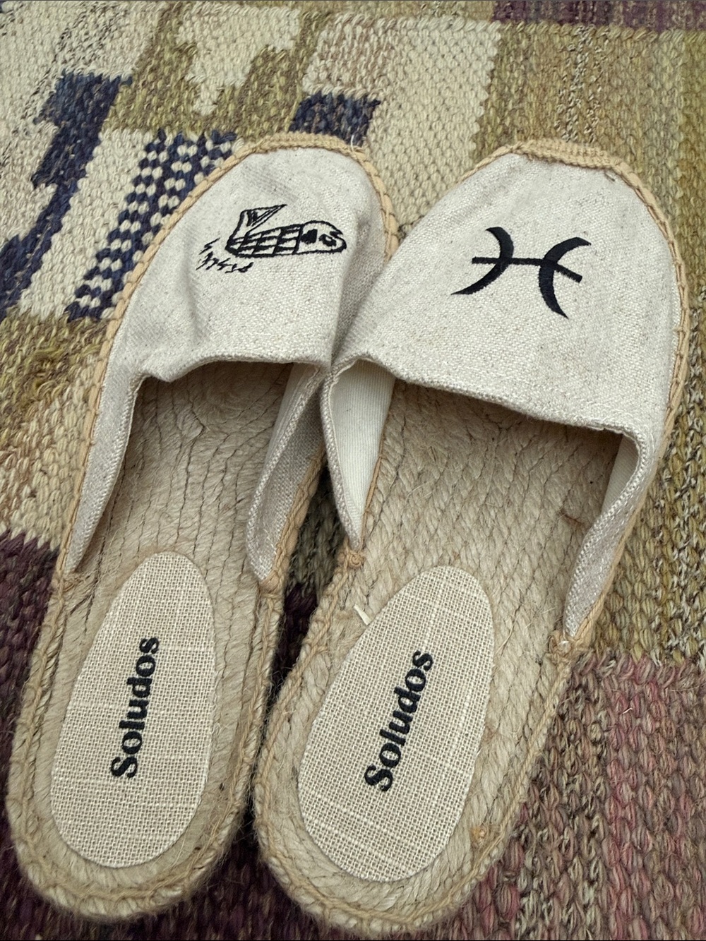 Soludos Natural Canvas Slip-On Espadrille Mules with Black Symbols
